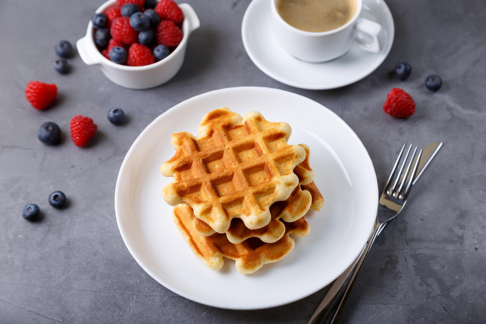 viennese belgian waffles with fresh berries raspberries blueberries white plate cup coffee traditional dessert close up grey background top view